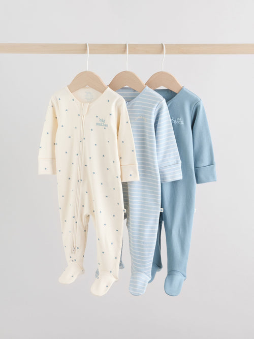 Blue Two Way Zip Baby Sleepsuits 3 Pack (0-2yrs) image 1