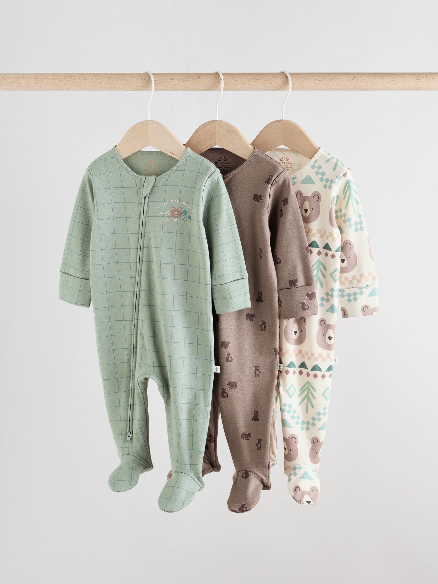 Sage Green Baby Two Way Zip Sleepsuits 3 Pack (0-2yrs)