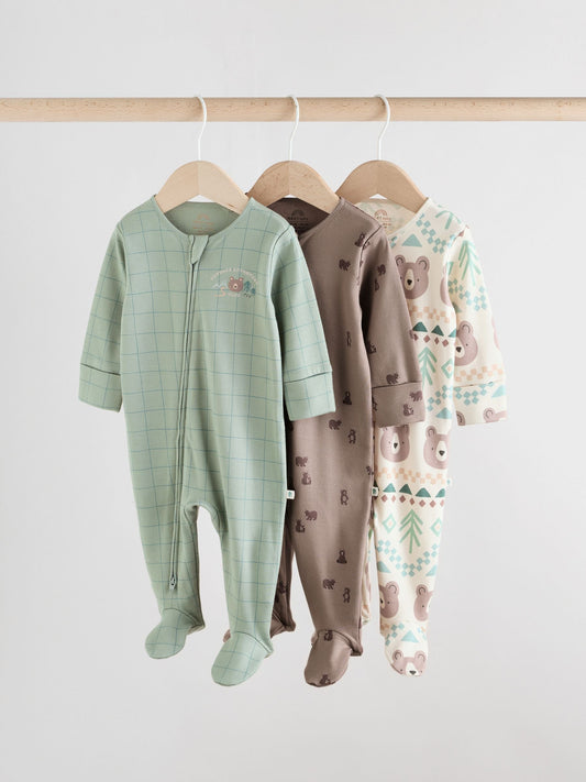 Sage Green Baby Two Way Zip Sleepsuits 3 Pack (0-2yrs)