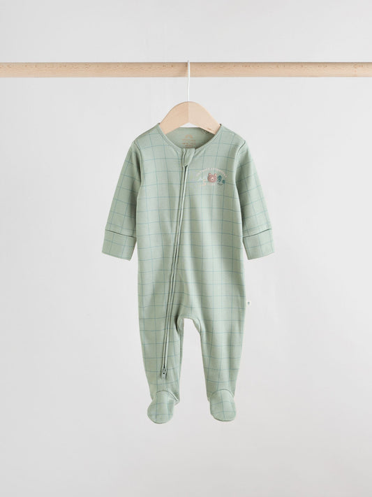 Sage Green Baby Two Way Zip Sleepsuits 3 Pack (0-2yrs)