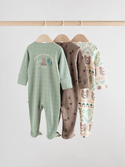 Sage Green Baby Two Way Zip Sleepsuits 3 Pack (0-2yrs)