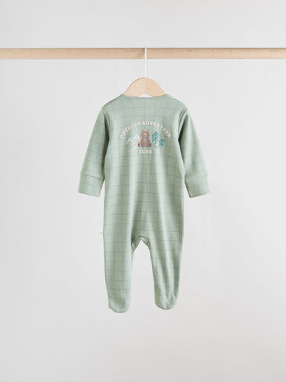 Sage Green Baby Two Way Zip Sleepsuits 3 Pack (0-2yrs)
