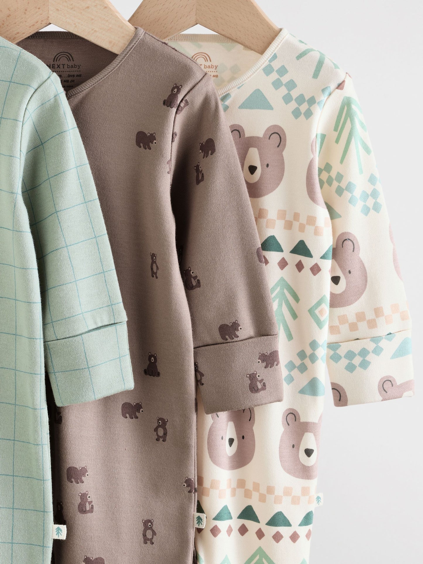 Sage Green Baby Two Way Zip Sleepsuits 3 Pack (0-2yrs)