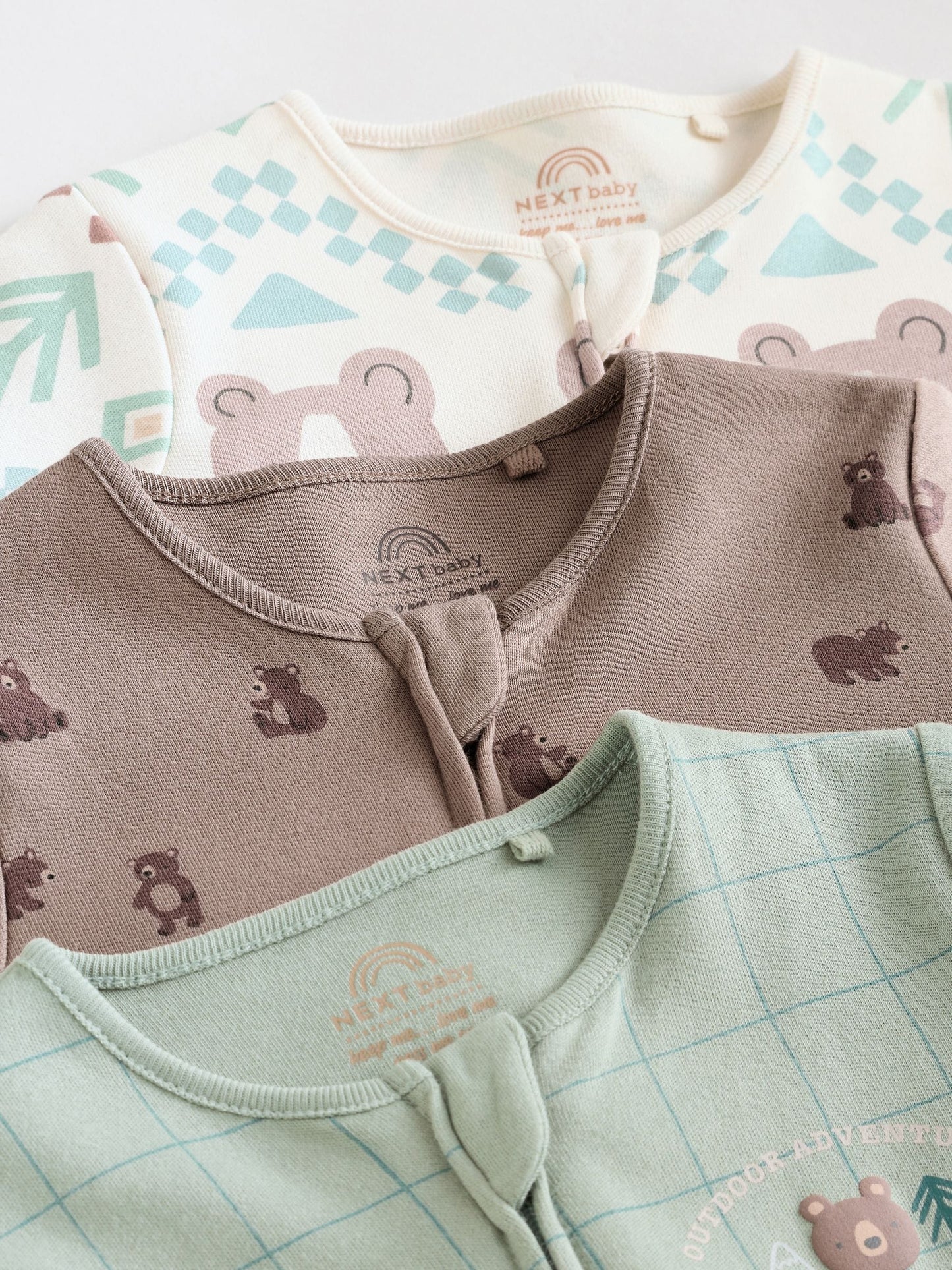 Sage Green Baby Two Way Zip Sleepsuits 3 Pack (0-2yrs)