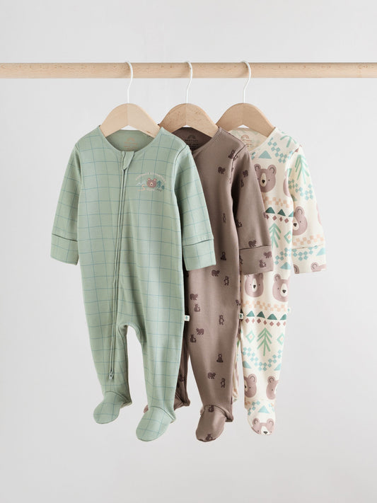 Sage Green Baby Two Way Zip Sleepsuits 3 Pack (0-2yrs) image 1
