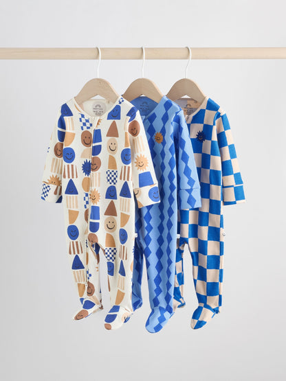 Cobalt Blue Baby Two Way Zip Sleepsuits 3 Pack (0-2yrs)