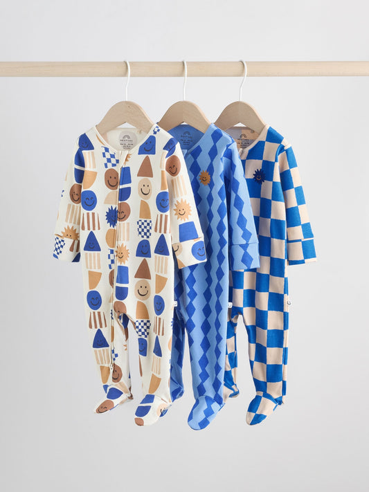 Cobalt Blue Baby Two Way Zip Sleepsuits 3 Pack (0-2yrs)