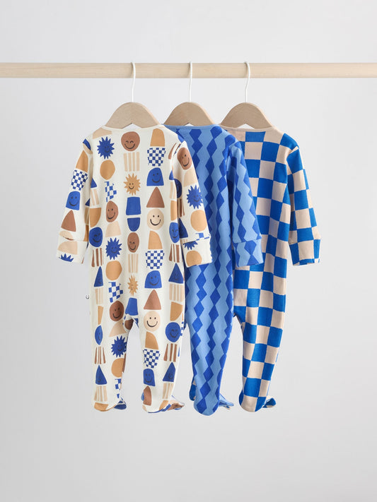 Cobalt Blue Baby Two Way Zip Sleepsuits 3 Pack (0-2yrs)