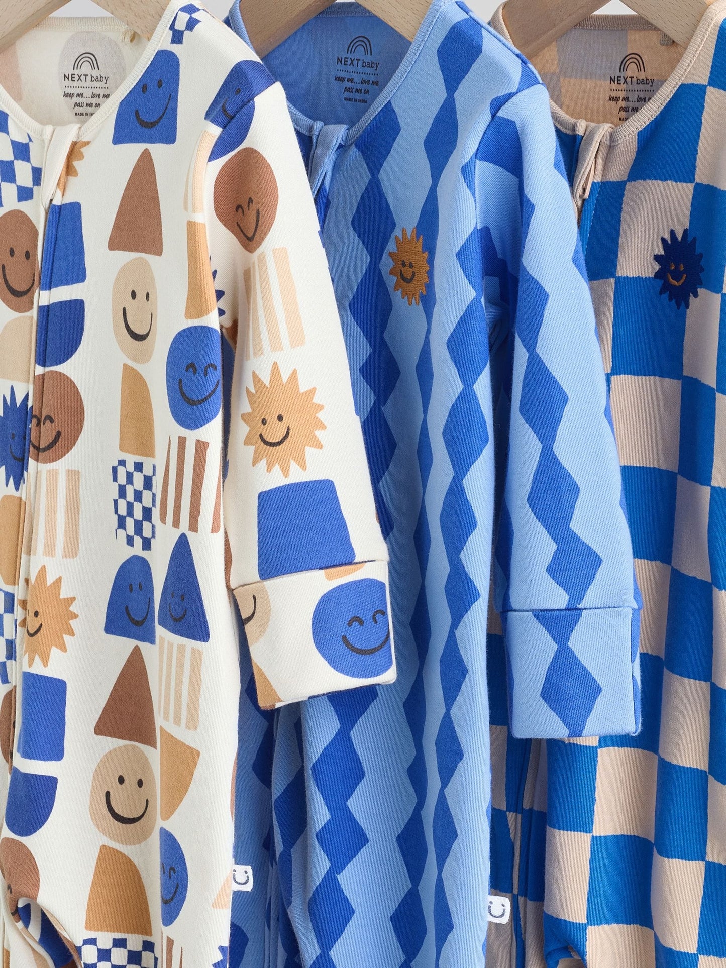 Cobalt Blue Baby Two Way Zip Sleepsuits 3 Pack (0-2yrs)