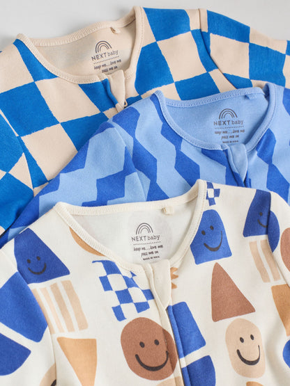 Cobalt Blue Baby Two Way Zip Sleepsuits 3 Pack (0-2yrs)