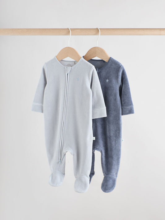 Blue Baby Velour Two Way Zip Sleepsuits 2 Pack (0mths-2yrs)