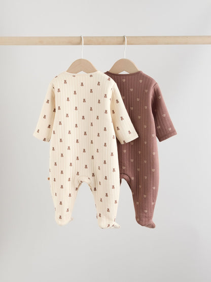 Brown Baby Quilted Bear Sleepsuits 2 Pack