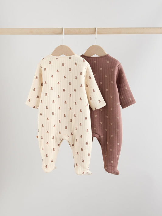 Brown Baby Quilted Bear Sleepsuits 2 Pack