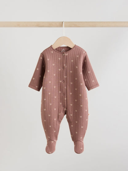 Brown Baby Quilted Bear Sleepsuits 2 Pack