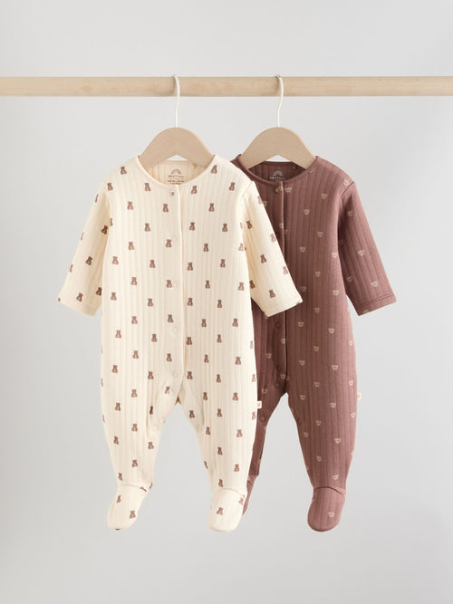 Brown Baby Quilted Bear Sleepsuits 2 Pack image 1