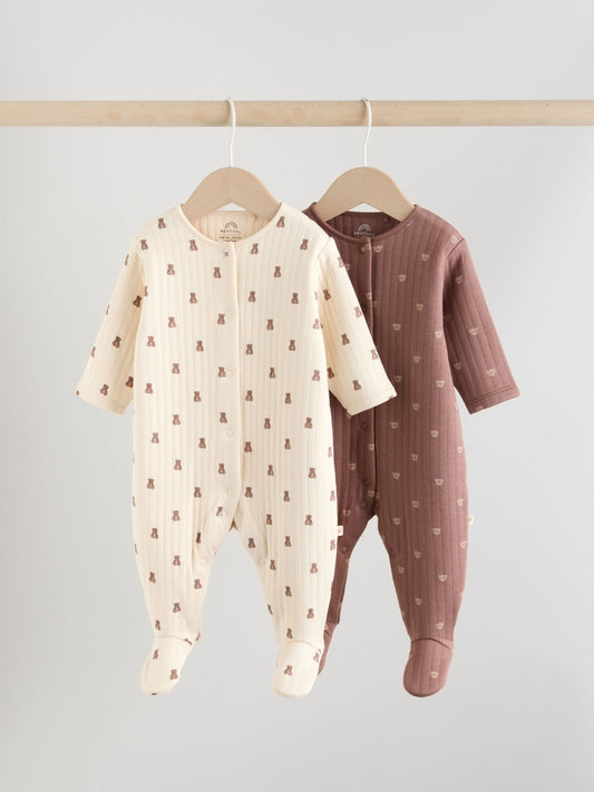 Brown Baby Quilted Bear Sleepsuits 2 Pack image 1