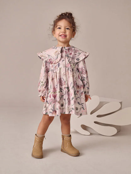 Pink Floral Print Long Sleeve Collared Dress (3mths-7yrs)