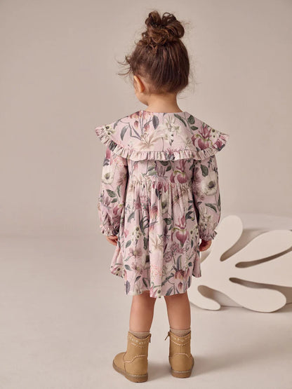 Pink Floral Print Long Sleeve Collared Dress (3mths-7yrs)