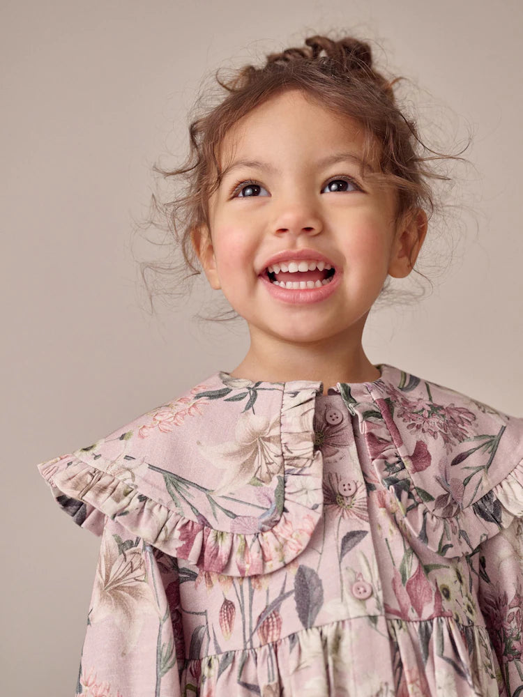 Pink Floral Print Long Sleeve Collared Dress (3mths-7yrs)