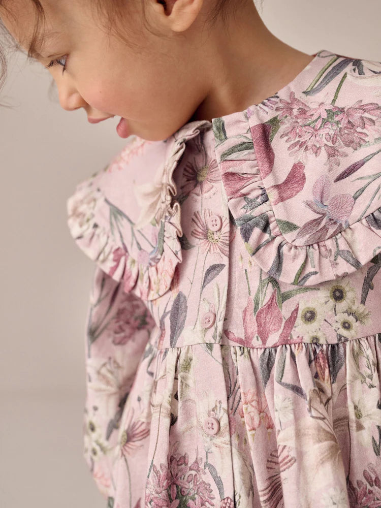 Pink Floral Print Long Sleeve Collared Dress (3mths-7yrs)
