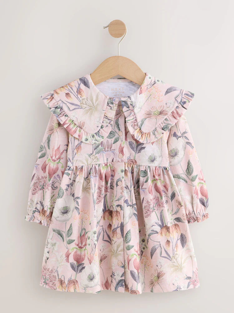 Pink Floral Print Long Sleeve Collared Dress (3mths-7yrs)