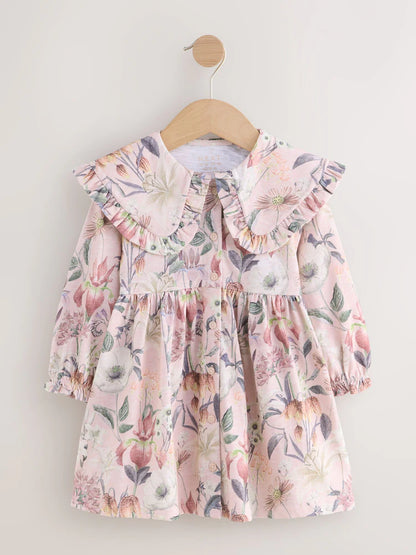 Pink Floral Print Long Sleeve Collared Dress (3mths-7yrs)