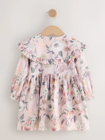 Pink Floral Print Long Sleeve Collared Dress (3mths-7yrs)