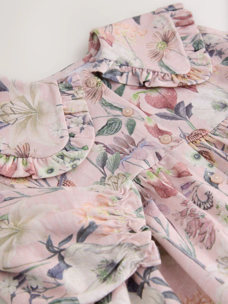Pink Floral Print Long Sleeve Collared Dress (3mths-7yrs)