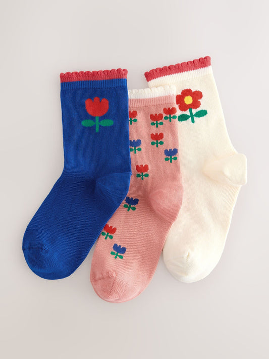 Blue and Ecru Cotton Rich Flower Print Ankle Socks 3 Pack image 1