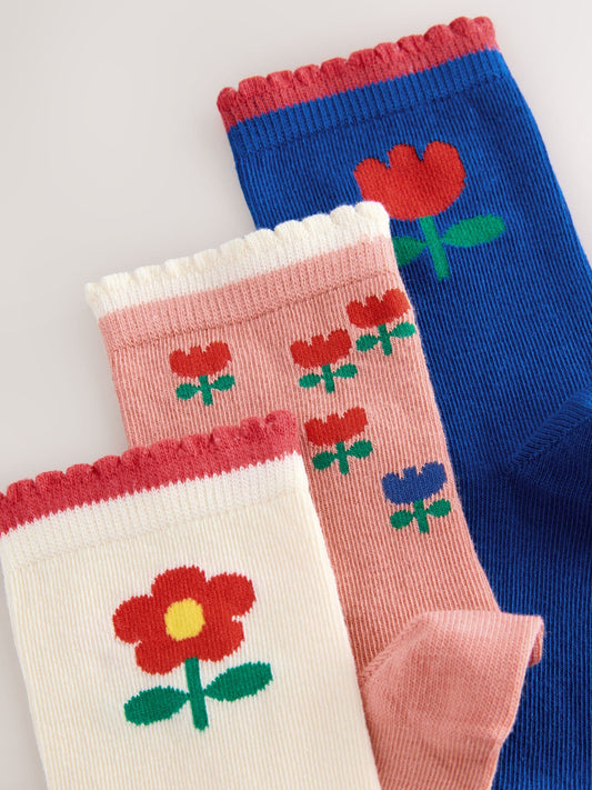 Blue and Ecru Cotton Rich Flower Print Ankle Socks 3 Pack image 3