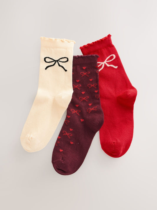 Red and Ecru Cotton Rich Bow Ankle Socks 3 Pack image 1