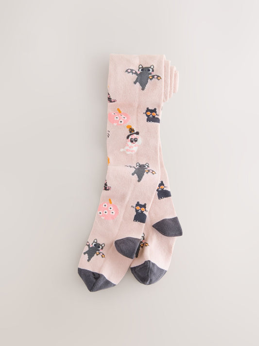 Light Pink and Charcoal Grey Cotton Rich Halloween Character Tights image 1