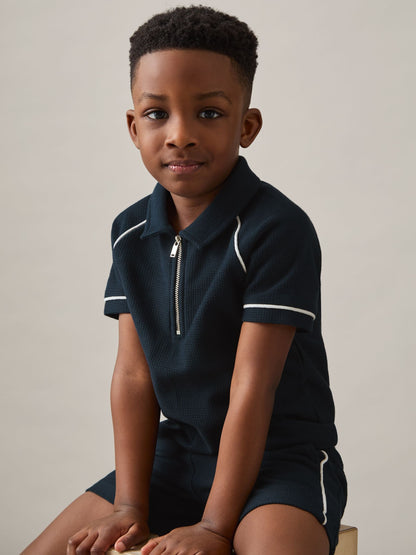 Dsiney Kidz - Reiss Navy Lolland 9-13 yrs Cotton Textured Half-Zip Polo Shirt image 1