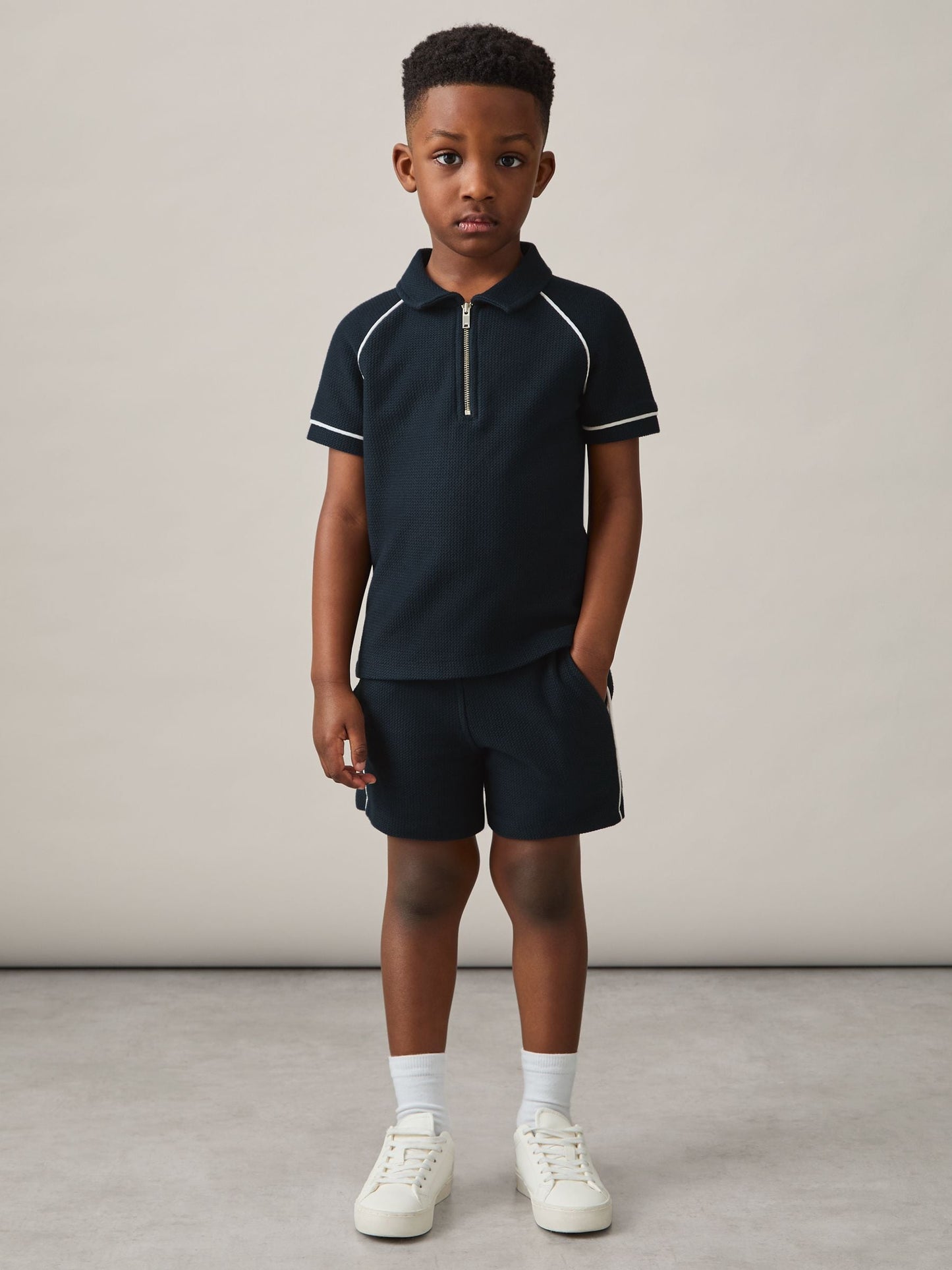 Dsiney Kidz - Reiss Navy Lolland 9-13 yrs Cotton Textured Half-Zip Polo Shirt image 3