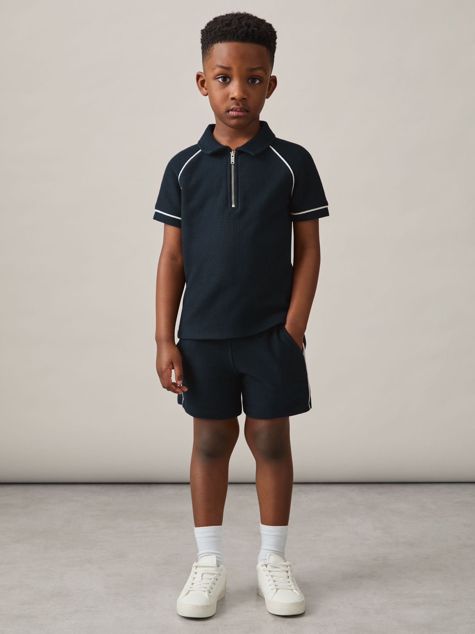 Dsiney Kidz - Reiss Navy Lolland 9-13 yrs Cotton Textured Half-Zip Polo Shirt image 3