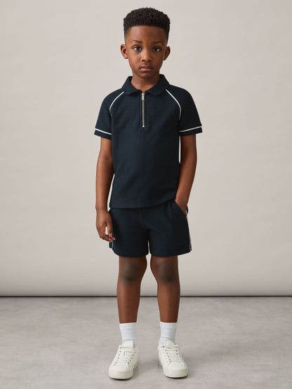 Dsiney Kidz - Reiss Navy Lolland 9-13 yrs Cotton Textured Half-Zip Polo Shirt image 3