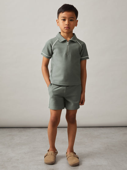 Dsiney Kidz - Reiss Sage Green Lolland 9-13 yrs Cotton Textured Half-Zip Polo Shirt image 1