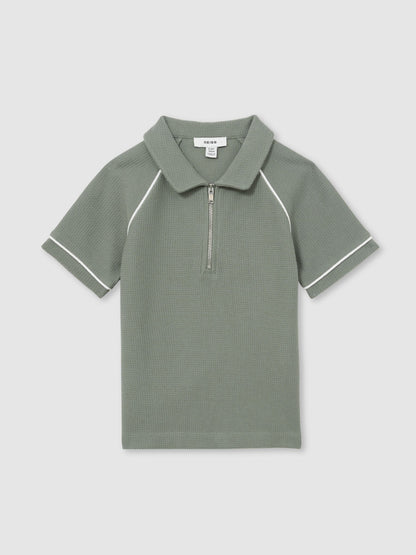 Dsiney Kidz - Reiss Sage Green Lolland 9-13 yrs Cotton Textured Half-Zip Polo Shirt image 2