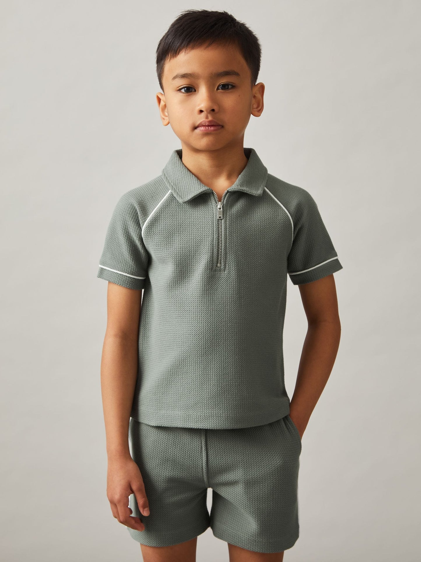 Dsiney Kidz - Reiss Sage Green Lolland 9-13 yrs Cotton Textured Half-Zip Polo Shirt image 3