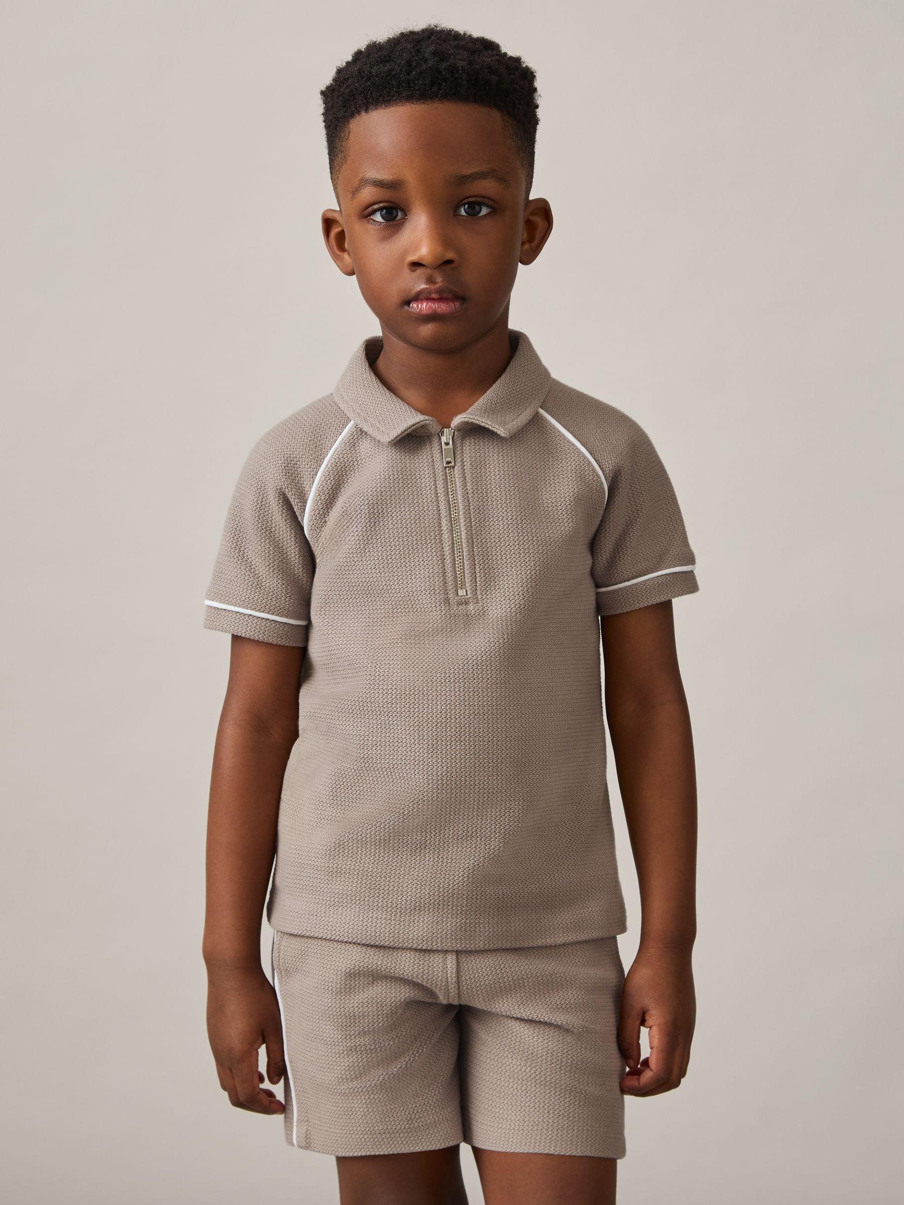 Dsiney Kidz - Reiss Mink Brown Lolland 9-13 yrs Cotton Textured Half-Zip Polo Shirt image 1