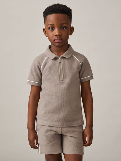 Dsiney Kidz - Reiss Mink Brown Lolland 9-13 yrs Cotton Textured Half-Zip Polo Shirt image 1