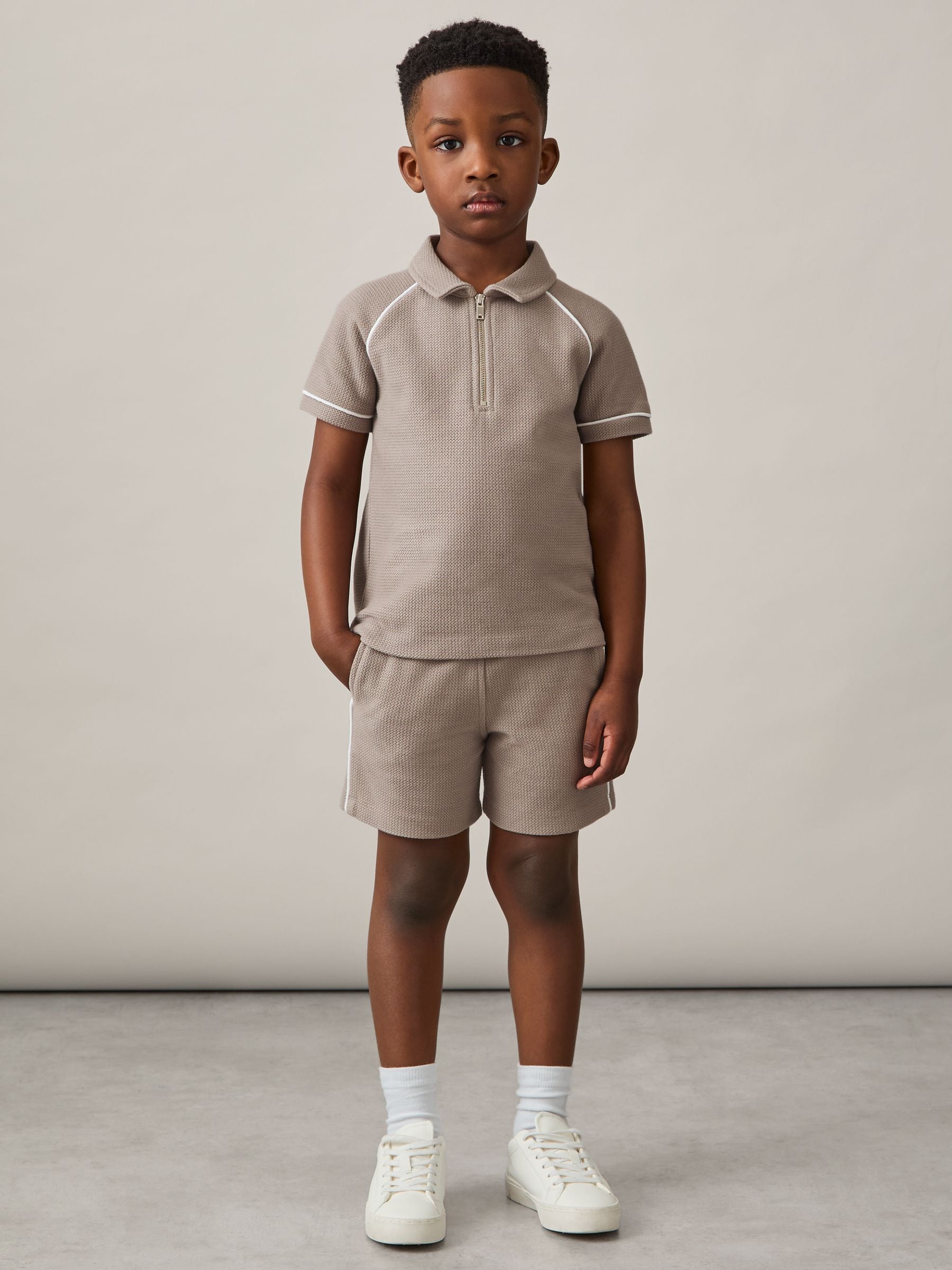 Dsiney Kidz - Reiss Mink Brown Lolland 9-13 yrs Cotton Textured Half-Zip Polo Shirt image 3