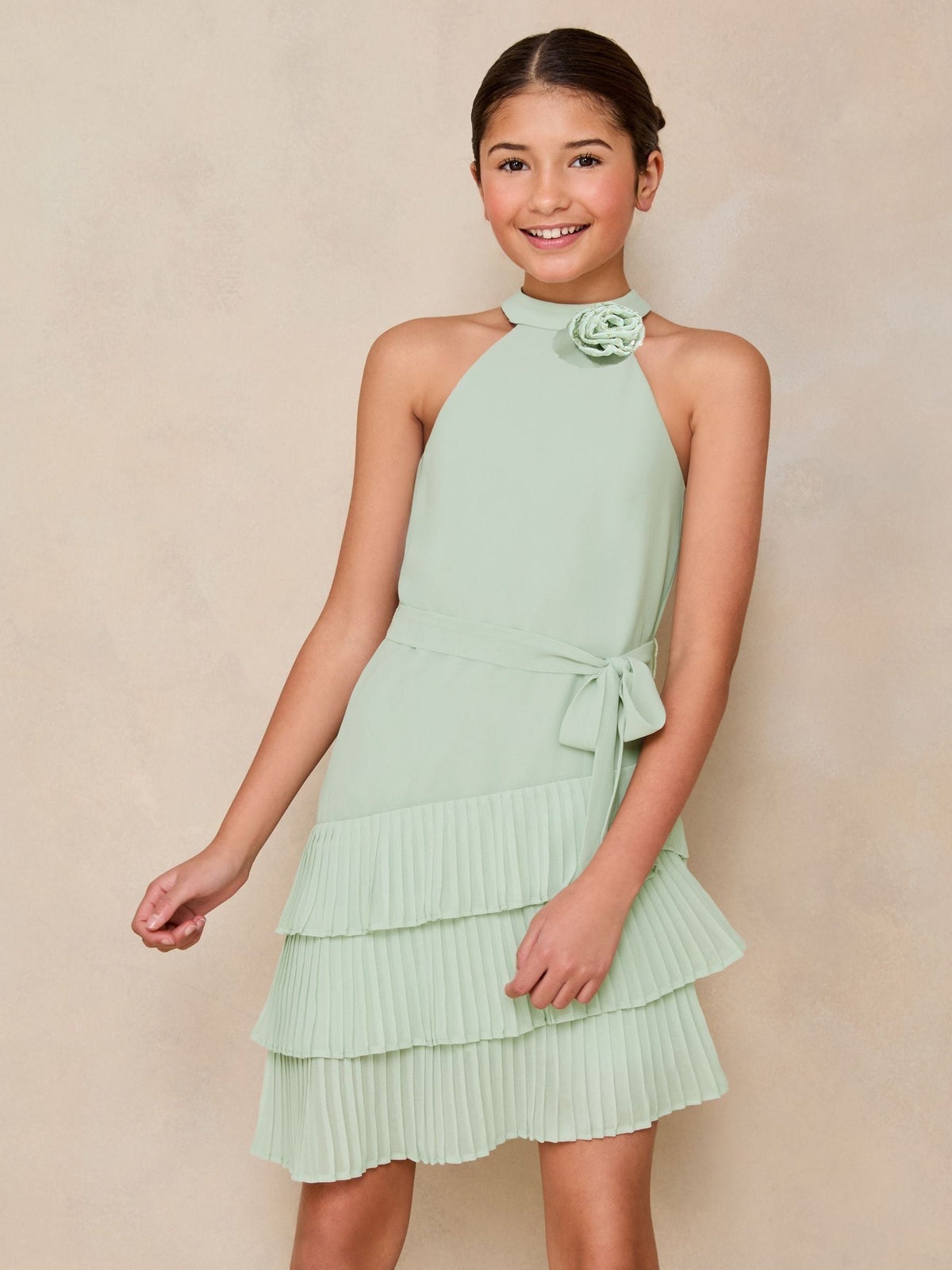 Lipsy Mint Green Halter Corsage Tiered Occasion Dress (7-16yrs) - image 1