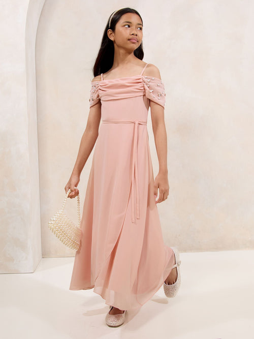 Lipsy Pink Bardot Cold Shoulder Embellished Occasion Dress (7-16yrs) - image 1