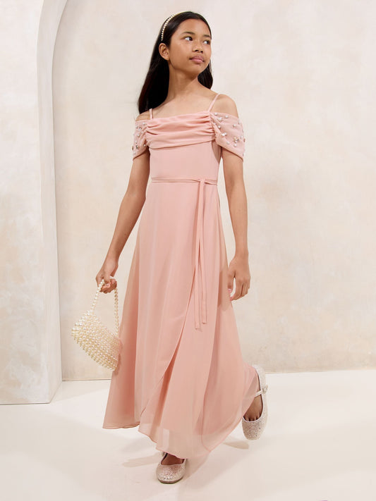 Lipsy Pink Bardot Cold Shoulder Embellished Occasion Dress (7-16yrs) - image 1