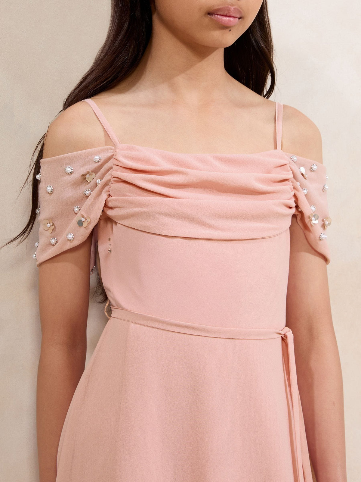 Lipsy Pink Bardot Cold Shoulder Embellished Occasion Dress (7-16yrs) - image 2