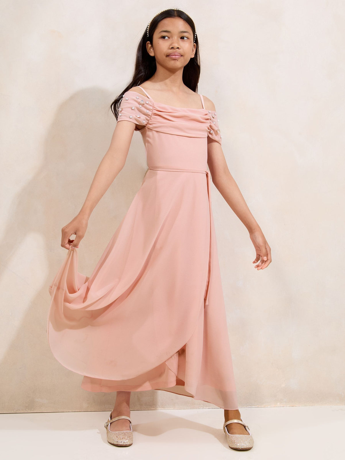 Lipsy Pink Bardot Cold Shoulder Embellished Occasion Dress (7-16yrs) - image 3