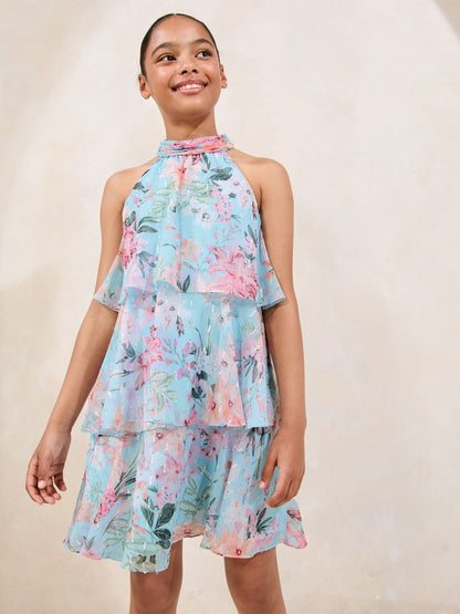 Lipsy Blue Floral Print Halter Tiered Dress (5-16yrs) - image 1