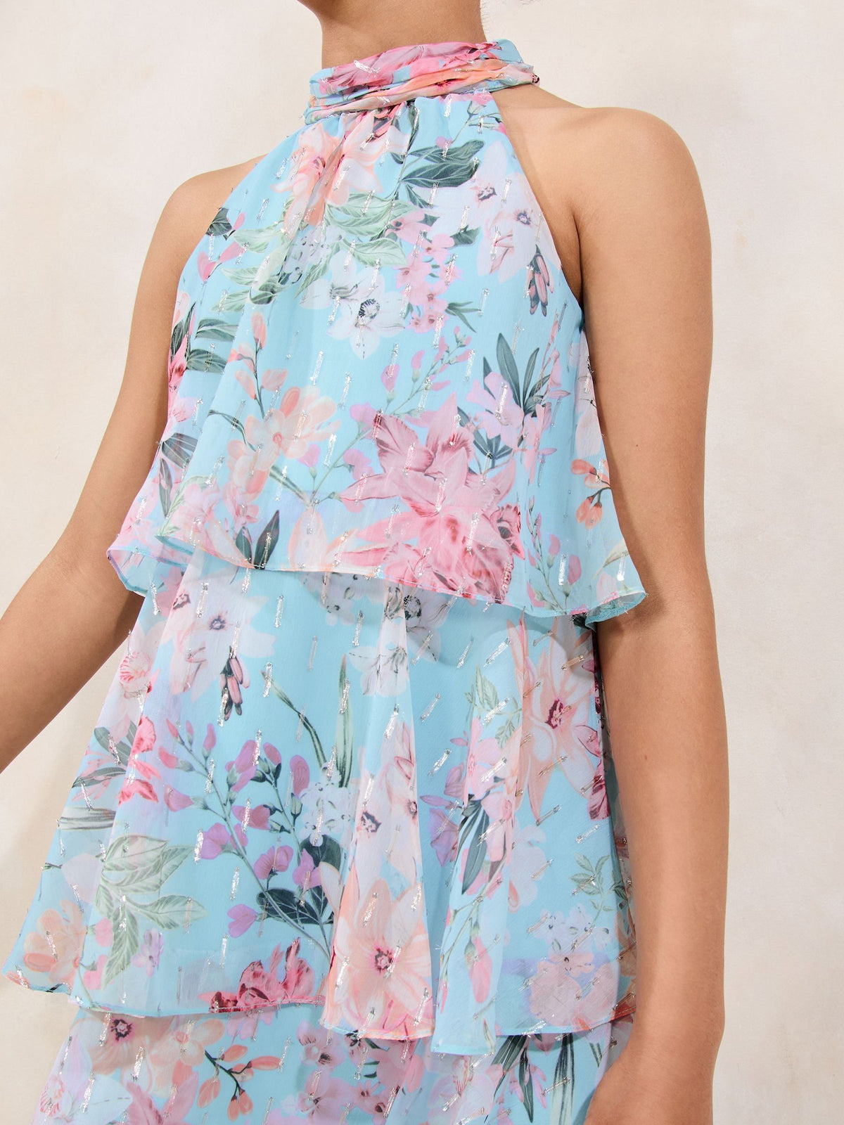 Lipsy Blue Floral Print Halter Tiered Dress (5-16yrs) - image 2