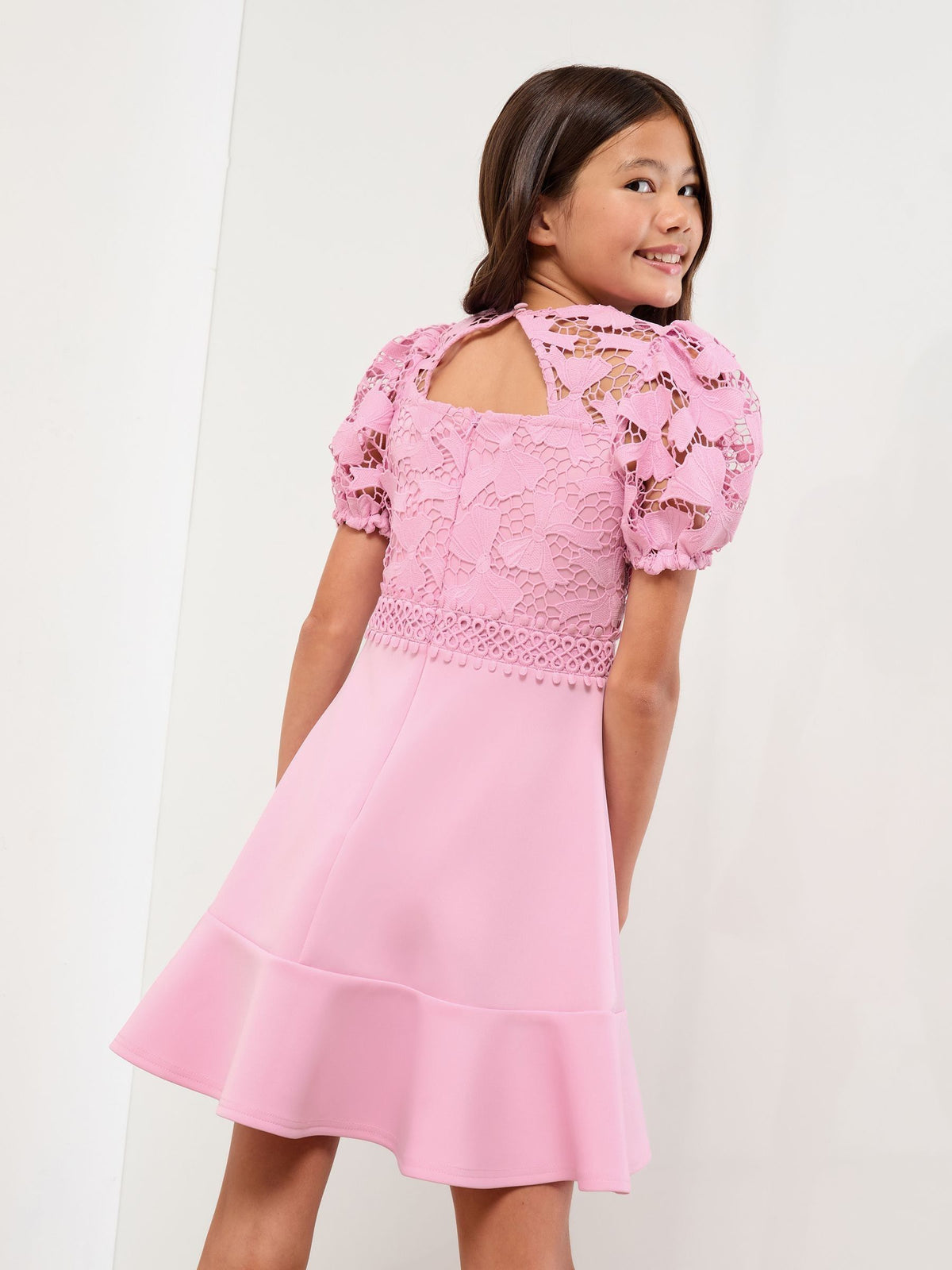 Lipsy Pink Embellished Bow Lace Scuba 2-in-1 Occasion Dress (5-16yrs) - image 4
